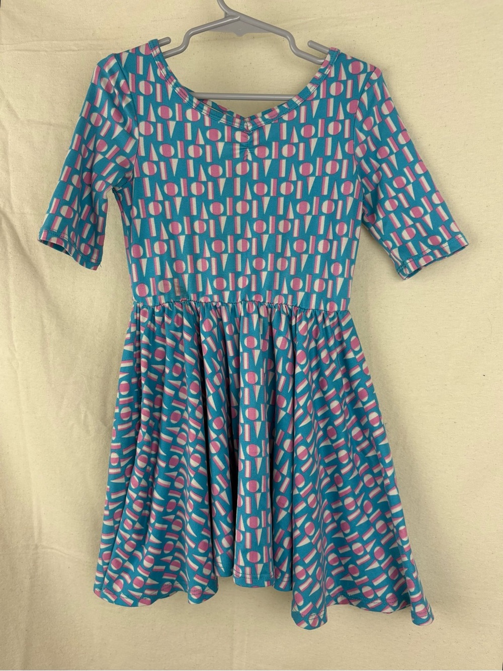 Dot Dot Smile Girls Blue and Pink Geometric Fit-and-Flare Dress cinched size 3/4